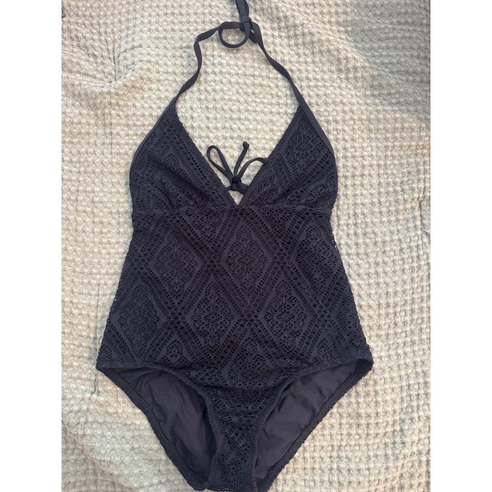 Ella Moss Black Crochet Halter One Piece Swimsuit EM13531M Size Small